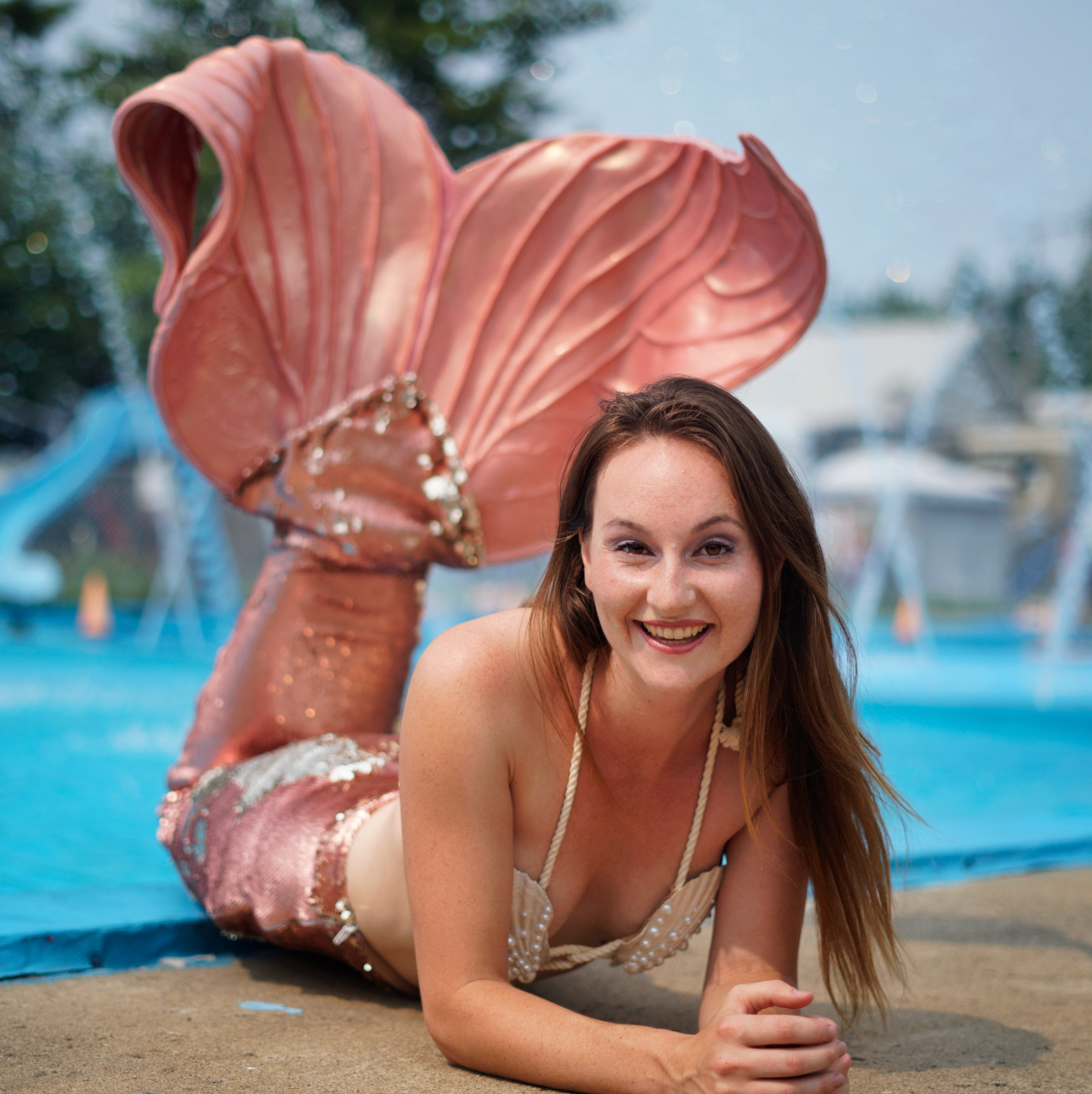 hire a mermaid performer mermaid marille pink glitter tail clamkini white real shell bikini top kids pool birthday party